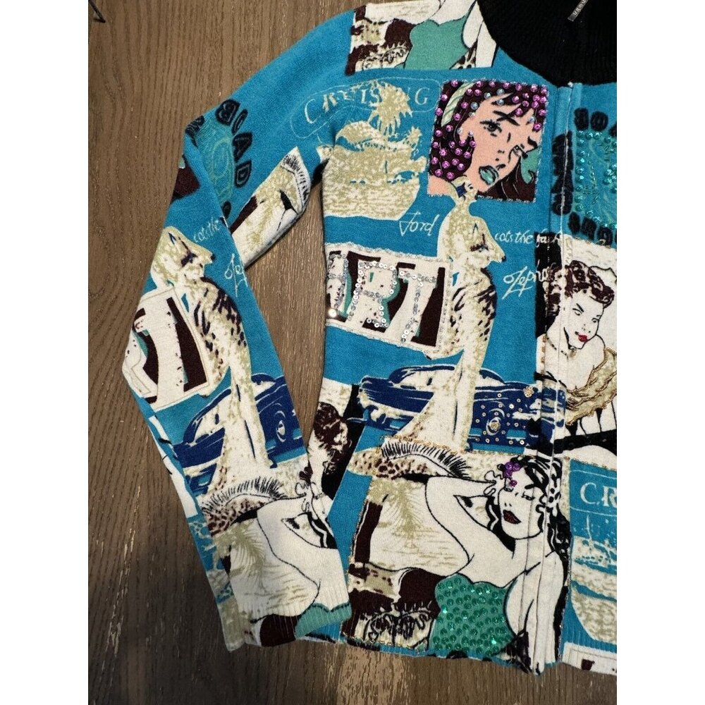 vtg noun Paris full zip cardigan Sweater Jacket Sequin Pin Up Girl Aqua Retro To - Picture 3 of 14